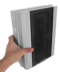 Rugged Weatherproof Outdoor Electrical Junction Box With Breaker Panel Cover, held in hand for solar wiring.