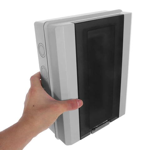 Rugged Weatherproof Outdoor Electrical Junction Box With Breaker Panel Cover, held in hand for solar wiring.