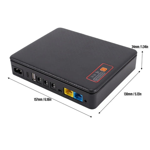 Compact Mini Ups Battery Backup With 20800Mah Capacity, black device with multiple ports, dimensions 157mm x 130mm x 34mm.