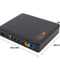 Compact Mini Ups Battery Backup With A Rock Solid 20800mAh Capacity For Routers And Modems, black design with ports and dimensions.