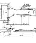Technical drawing of a T Strap Hinge Zinc Alloy 14cm 5.5 Inch Replacement For Toolbox Car Door And Carriage Compartment Low Noise Soft Close