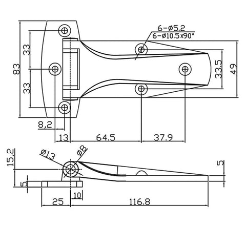Technical drawing of a T Strap Hinge Zinc Alloy 14cm 5.5 Inch Replacement For Toolbox Car Door And Carriage Compartment Low Noise Soft Close