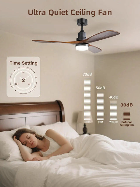 Dope 52 Inch Ceiling Fan With Lights And Remote Control in bedroom, solid wood blades, dimmable LED, ultra quiet operation