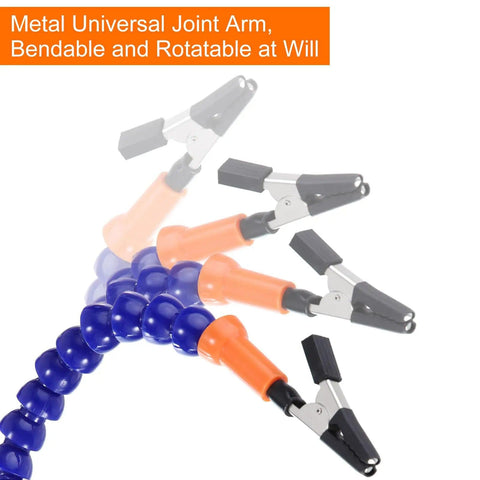 Pro Soldering Helping Hands Clamp Stand with flexible gooseneck arms and rotatable alligator clips in motion, blue color