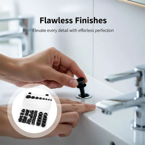 Premium 125 Pcs Black Silicone Plugs Kit With 8 Assorted Sizes For Round Holes Featuring Snap Locking Design And Storage Case To Plug, Seal And Protect Surfaces From Dust Scratches And Fluids In Any DIY Or Automotive Project You Run Across installed in sink hole