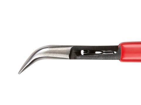 Super Handy Mini Forty Five Degree Long Nose Pliers Built To Reach Around Obstructions With Tapered Bent Tip And Crosscut Teeth Grabbing Firm