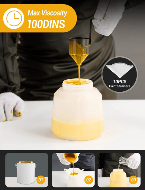 All Around Paint Sprayer For Home Interior And Exterior With 1400ml Tank, 550W, 4 Nozzles, and 3 Spray Patterns, showing viscosity measurement.