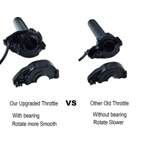 Comparison of upgraded dope electric throttle grip vs old throttle, highlighting smoother bearing-assisted rotation for e-bikes.