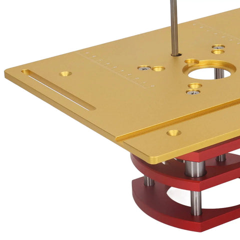 Beefed Up Router Lift Manual Kit For Router Table With Aluminum Base Plate And Crank Height Adjustment 9.45 By 7.87 Inch Table 51mm Stroke Gold Finish For Precise Woodworking And Small Trim Jobs, gold aluminum plate close-up