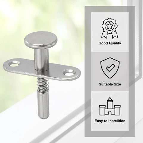Close-up of Heavy Duty Spring Loaded Plunger Latches Built Like A Tank Premium Grade Stainless Steel for cabinet use.