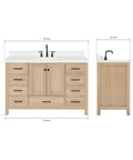 Straight Up Premium 55 Inch Single Sink Bathroom Vanity Built From Real American White Oak Solid Wood Cabinet with quartz top dimensions displayed.