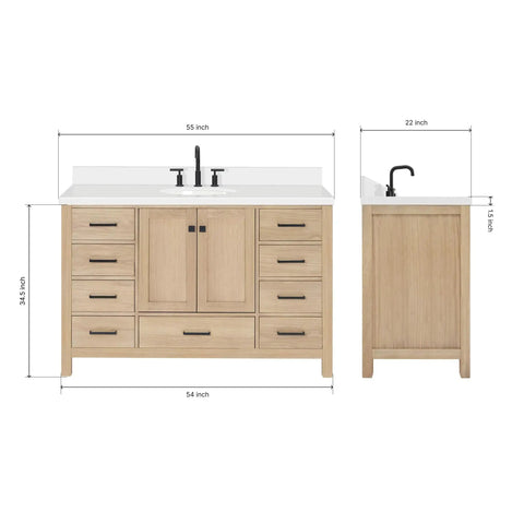 Straight Up Premium 55 Inch Single Sink Bathroom Vanity Built From Real American White Oak Solid Wood Cabinet with quartz top dimensions displayed.