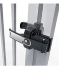 Top Shelf Magnetic Fence Gate Latch Dual Sided Locking System Easy Install Brushed Steel Finish close-up view on gate.