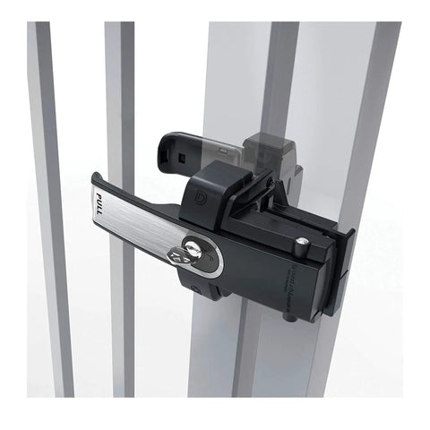 Top Shelf Magnetic Fence Gate Latch Dual Sided Locking System Easy Install Brushed Steel Finish close-up view on gate.