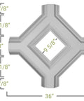 Inner Diamond Intersection For 8 In Deluxe Coffered Ceiling System Kit Solid Urethane Construction For Ultra Durable Lightweight Interior Or Exterior Use 36 W X 4 D X 36 L Primed And Paint Ready showing measurements.