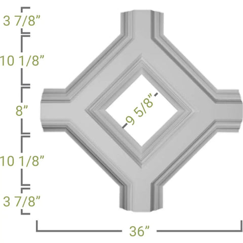 Inner Diamond Intersection For 8 In Deluxe Coffered Ceiling System Kit Solid Urethane Construction For Ultra Durable Lightweight Interior Or Exterior Use 36 W X 4 D X 36 L Primed And Paint Ready showing measurements.