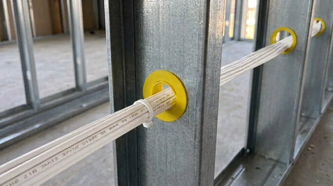 Yellow Polypropylene Wire Bushing For Two By Four Metal Studs to Keep Cable Jackets Safe While You Run Draws Smooth With No Sweat installed.