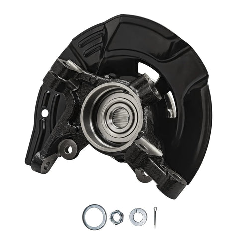 Front Right Steering Knuckle And Wheel Hub Bearing Assembly For 2011 Hyundai Sonata 2.4L With Sport Suspension Passenger Side Replacement Direct Fit OEM Grade Quality Bolt In Everyday Driver Ready, showing the uninstalled assembly with included hardware.