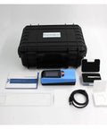 No Fuss Portable Digital Surface Roughness Gauge With Slick Two Point Four Inch Color Screen And Quick Charge Battery, includes case, manual, and accessories.