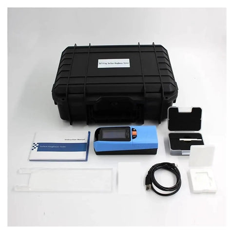 No Fuss Portable Digital Surface Roughness Gauge With Slick Two Point Four Inch Color Screen And Quick Charge Battery, includes case, manual, and accessories.