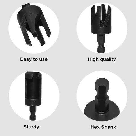 Top Shelf Woodworking Plug Cutter Drill Bit Set Featuring Straight And Tapered Chamfer Bits In Four Sizes for easy use and sturdy hex shank.