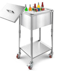 Rolling Ice Chest Cooler Cart With Stainless Steel Build On Wheels 32.8 Quart Drop In Ice Bin Outdoor Stand Up Party Ready Cooler Trolley With Shelves For Patio Backyard Parties And Bar Cold Drinks, shown with open lid and drinks.