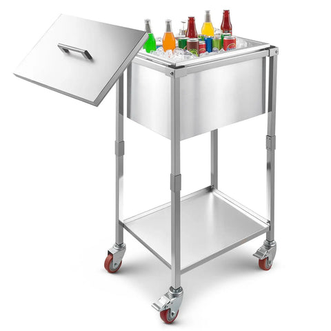 Rolling Ice Chest Cooler Cart With Stainless Steel Build On Wheels 32.8 Quart Drop In Ice Bin Outdoor Stand Up Party Ready Cooler Trolley With Shelves For Patio Backyard Parties And Bar Cold Drinks, shown with open lid and drinks.