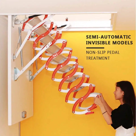 Automatic Telescopic Loft Ladder With Electric Lift For Attic Access And Rooftop Entry Built Tough Anti Slip Wall Mounted Stairs For Tight Spaces And No Worries Setup shown in semi-automatic operation.