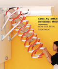 Solid As A Rock Telescopic Loft Ladder With Fully Automatic Electric Lift Smooth Glide aluminum folding wall mounted stairs with non-slip pedals.