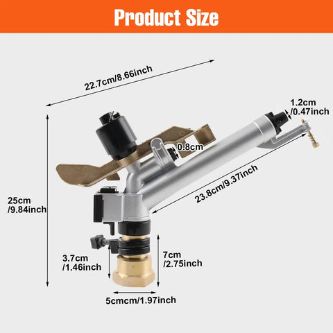 Side view of 1.5 Inch 360 Degree Impact Adjustable Water Gun Spray Nozzle Set showing measurements and silver finish