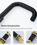 Close-up of Matte Black and Brushed Gold 2-Handle 8-Inch Widespread Bathroom Faucet details with brass construction.
