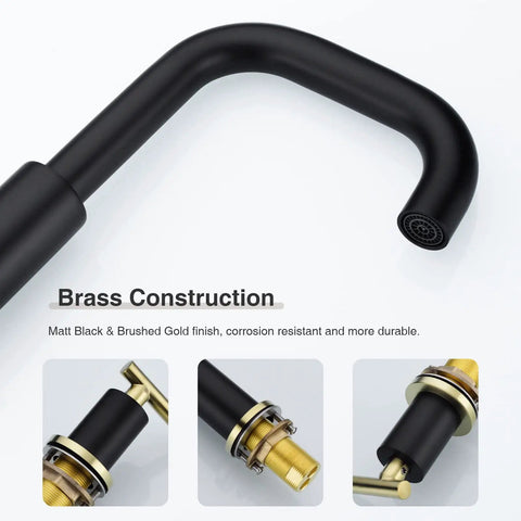 Close-up of Matte Black and Brushed Gold 2-Handle 8-Inch Widespread Bathroom Faucet details with brass construction.