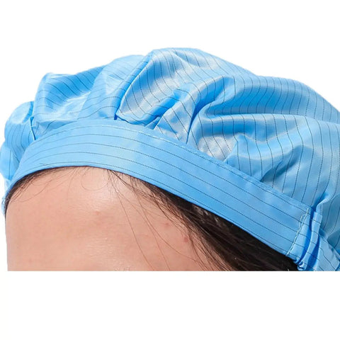 No Sweat Antistatic Work Caps Featuring Ventilated Mesh Window durable blue cap close-up on head for food processing and cleanroom use.