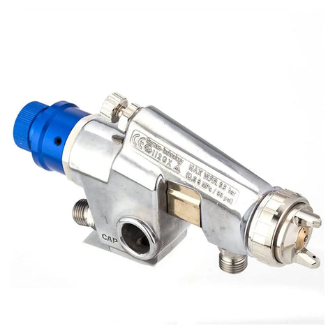 Pro Grade Stainless Steel Pressure Feed Sand Blaster And Paint Spray Gun With Precision Fine Tuning Control, close-up view showing durable metal construction.