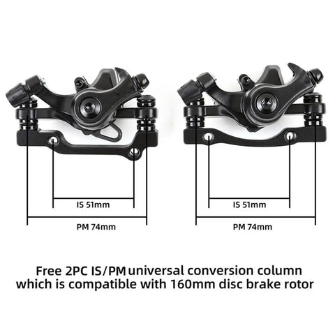 Rock Solid Rear Brake Kit With Mechanical Linear Pull Disc Caliper And 160mm G3 Rotor showcasing 2PC IS/PM universal conversion columns.