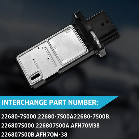Direct Swap Mass Air Flow Sensor Replacement For 22680-7S00A showing aluminum construction and electrical connector side.