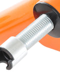 Close-up of the adjustment screw on the Orange Fluid Bike Trainer Pro Indoor Bicycle Training Stand For Serious Rides, Quiet Fluid Resistance.