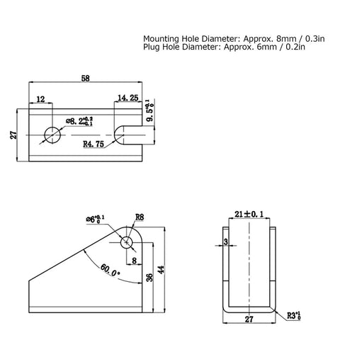 Technical diagram of Eight Piece Linear Actuator Mounting Brackets Heavy Duty Metal with 8mm and 6mm hole measurements