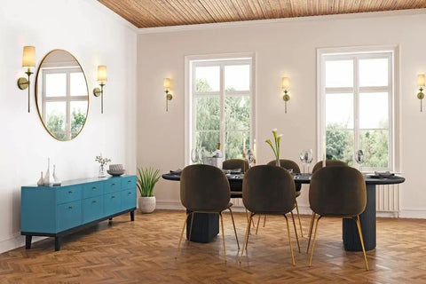 Dining room with 1 Light Wall Sconce in Rubbed Brass Finish for Bathroom Hallway or Bedroom Transitional Coastal Modern Steel Wall Mount Light 807-1S-RB Style Warm Vintage Glow Vibe