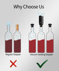 Diagram showing a Rechargeable Wine Saver Pump With Vacuum Stopper Set preventing oxidation vs a regular stopper.