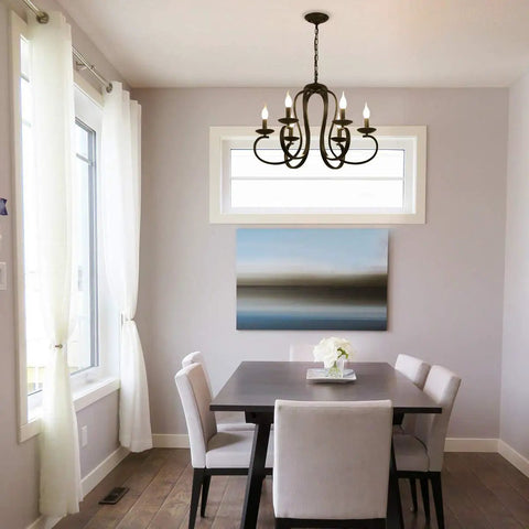 Dining room with Six Light Black Candle Style Chandelier For Farmhouse And Dining Room Vintage French Country Metal Pendant Light