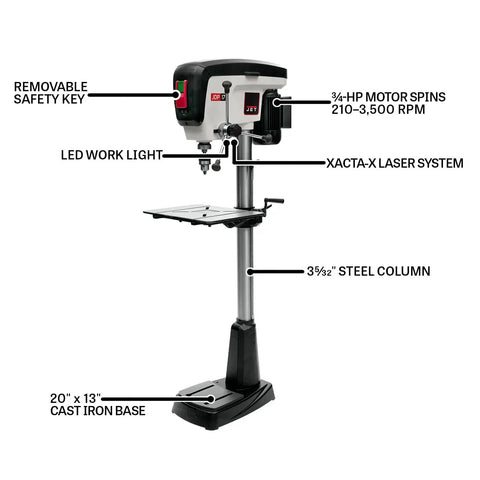 Shop Beast 17 Inch Floor Drill Press With 16 Variable Speeds And A Powerhouse 3/4 Horsepower Motor featuring a steel column and LED light.