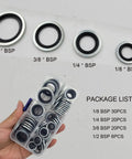 76-Piece Self-Centered Bonded Seal Oil Washers Set Featuring 1/8, 1/4, 3/8, 1/2 Inch Gasket Assortment For Drain Plugs And Hydraulic Pneumatic Repairs, NBR Rubber, Zinc Plated, Heavy-Duty DIY Shop Kit. Assorted BSP washers in a clear case