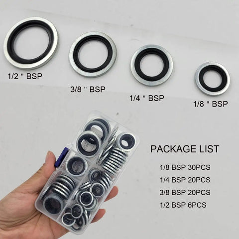 76-Piece Self-Centered Bonded Seal Oil Washers Set Featuring 1/8, 1/4, 3/8, 1/2 Inch Gasket Assortment For Drain Plugs And Hydraulic Pneumatic Repairs, NBR Rubber, Zinc Plated, Heavy-Duty DIY Shop Kit. Assorted BSP washers in a clear case