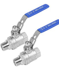 Two Pack Half Inch Full Port Ball Valve With NPT Male Female Threads Forged From Tough 304 Stainless Steel Absolute Workhorse Design Rated For One Thousand PSI On Water Oil Gas Lines With Reliable Locking Handle, showing blue handled valves.