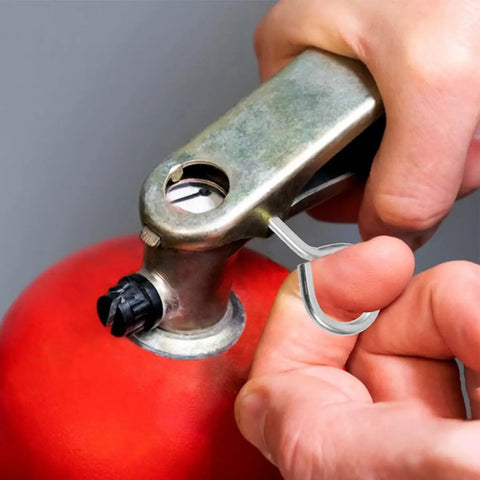 Premium Fire Extinguisher Pin Set With Red Tamper Seals For Home And Office Vehicle Safety Locks being accessed, red extinguisher
