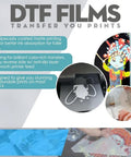 Premium DTF Transfer Film 13X19 Matte Clear PET Heat Transfer Paper sheet with color-rich design examples