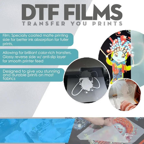Premium DTF Transfer Film 13X19 Matte Clear PET Heat Transfer Paper sheet with color-rich design examples