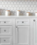 10 Pack Brushed Satin Nickel Cabinet Knobs Beefy Heavy Duty Bifold Closet Door Hardware on white kitchen cabinets