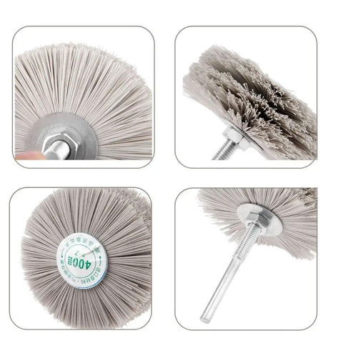 3 Pack Nylon Abrasive Wheel Brush Filament Set With 320 400 600 Grit For Rust Removal, Showing Front and Side Views